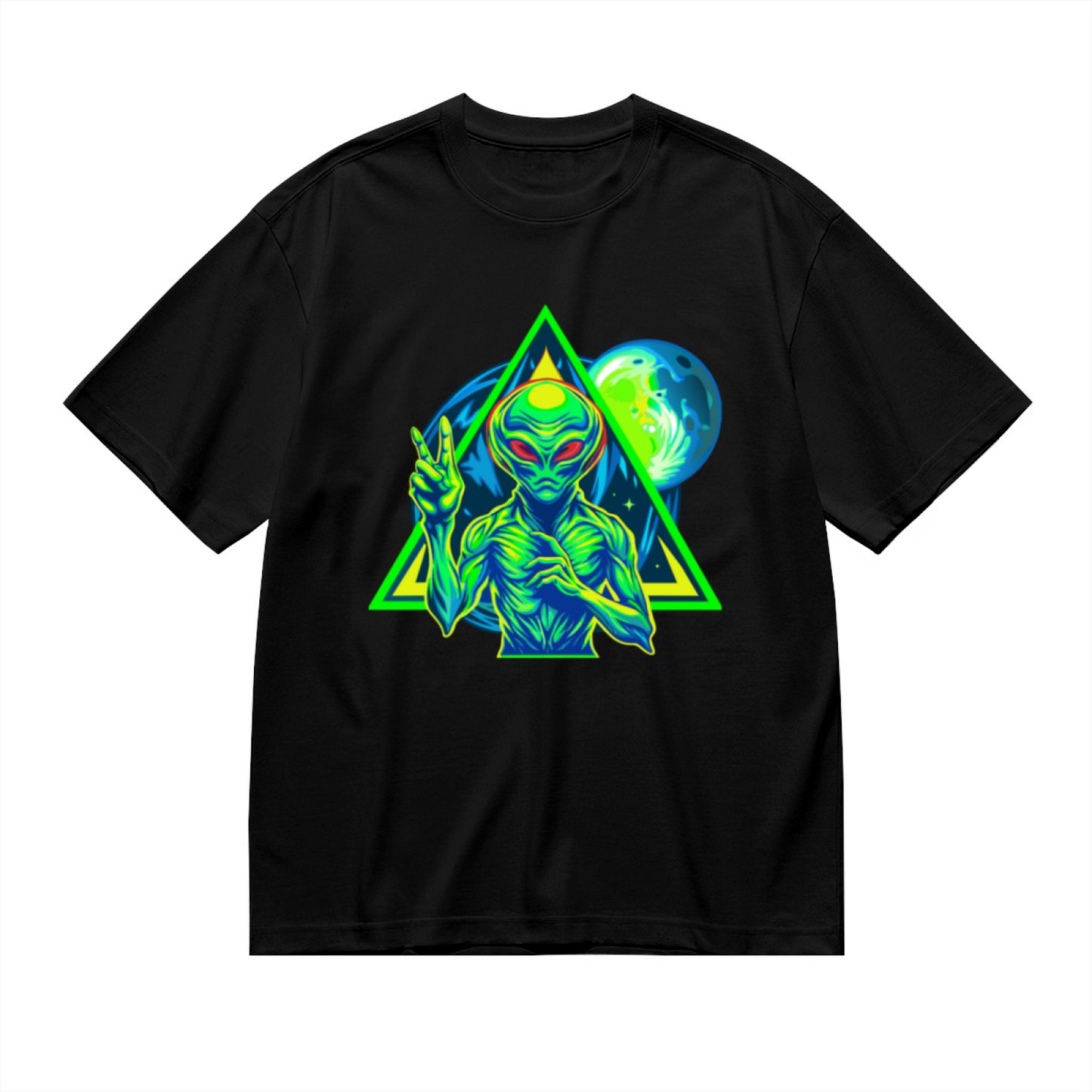 Neon Triangle UFO Alien Black Tee, Cyberpunk Sci-Fi Cool Street Graphic Shirt