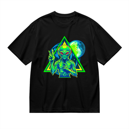 Neon Triangle UFO Alien Black Tee, Cyberpunk Sci-Fi Cool Street Graphic Shirt