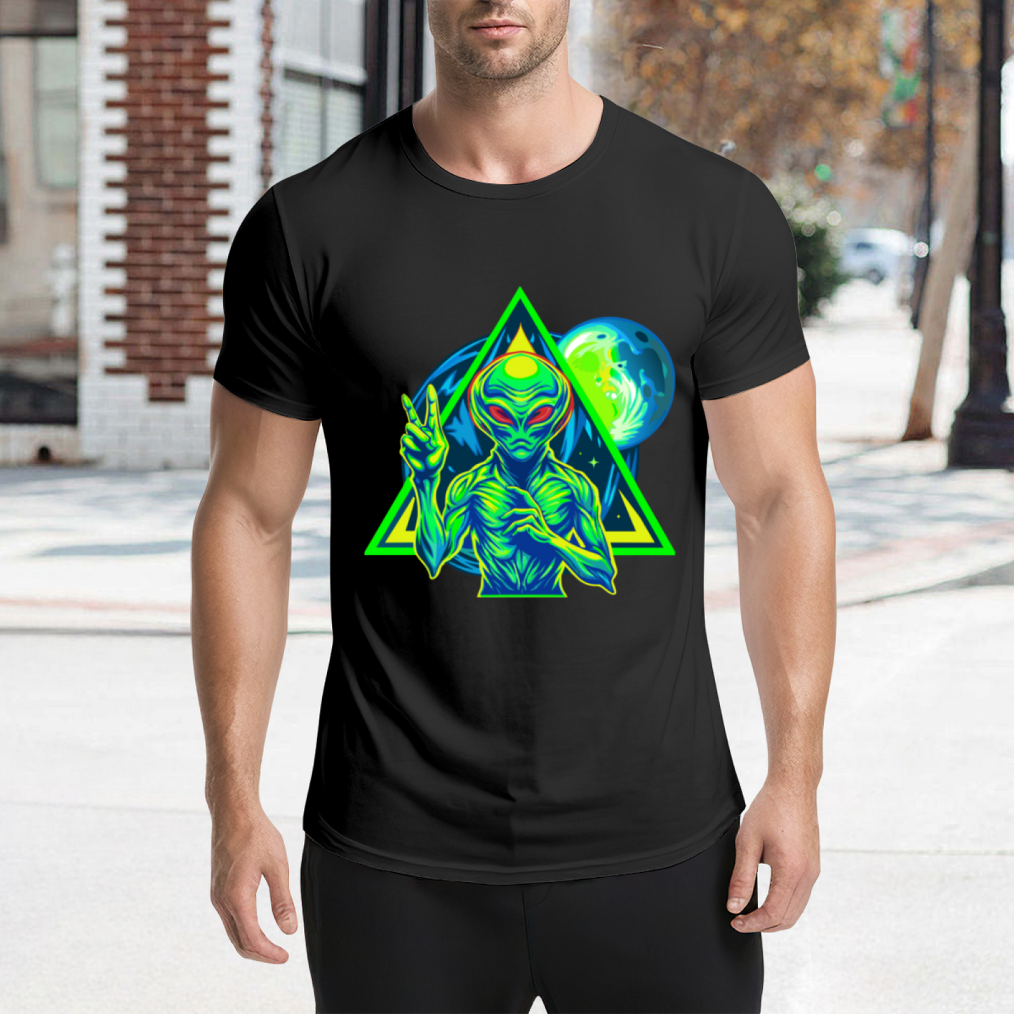 Neon Triangle UFO Alien Black Tee, Cyberpunk Sci-Fi Cool Street Graphic Shirt