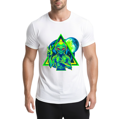 Neon Triangle UFO Alien Black Tee, Cyberpunk Sci-Fi Cool Street Graphic Shirt