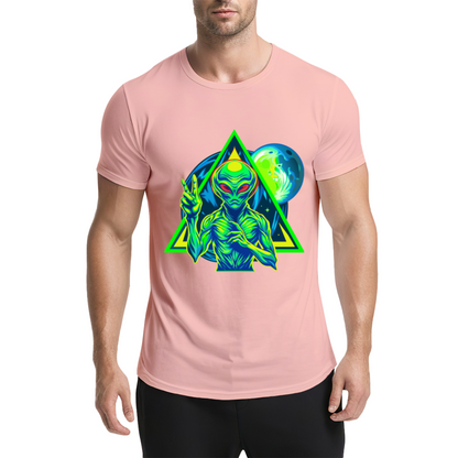 Neon Triangle UFO Alien Black Tee, Cyberpunk Sci-Fi Cool Street Graphic Shirt
