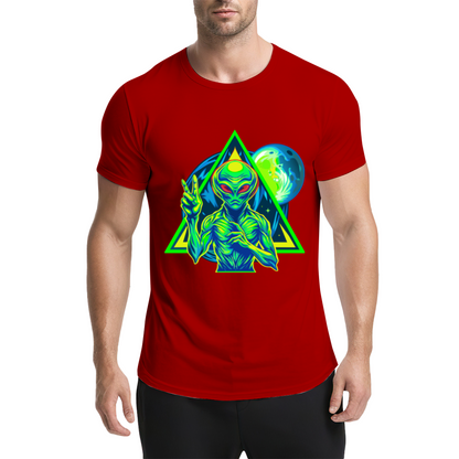 Neon Triangle UFO Alien Black Tee, Cyberpunk Sci-Fi Cool Street Graphic Shirt