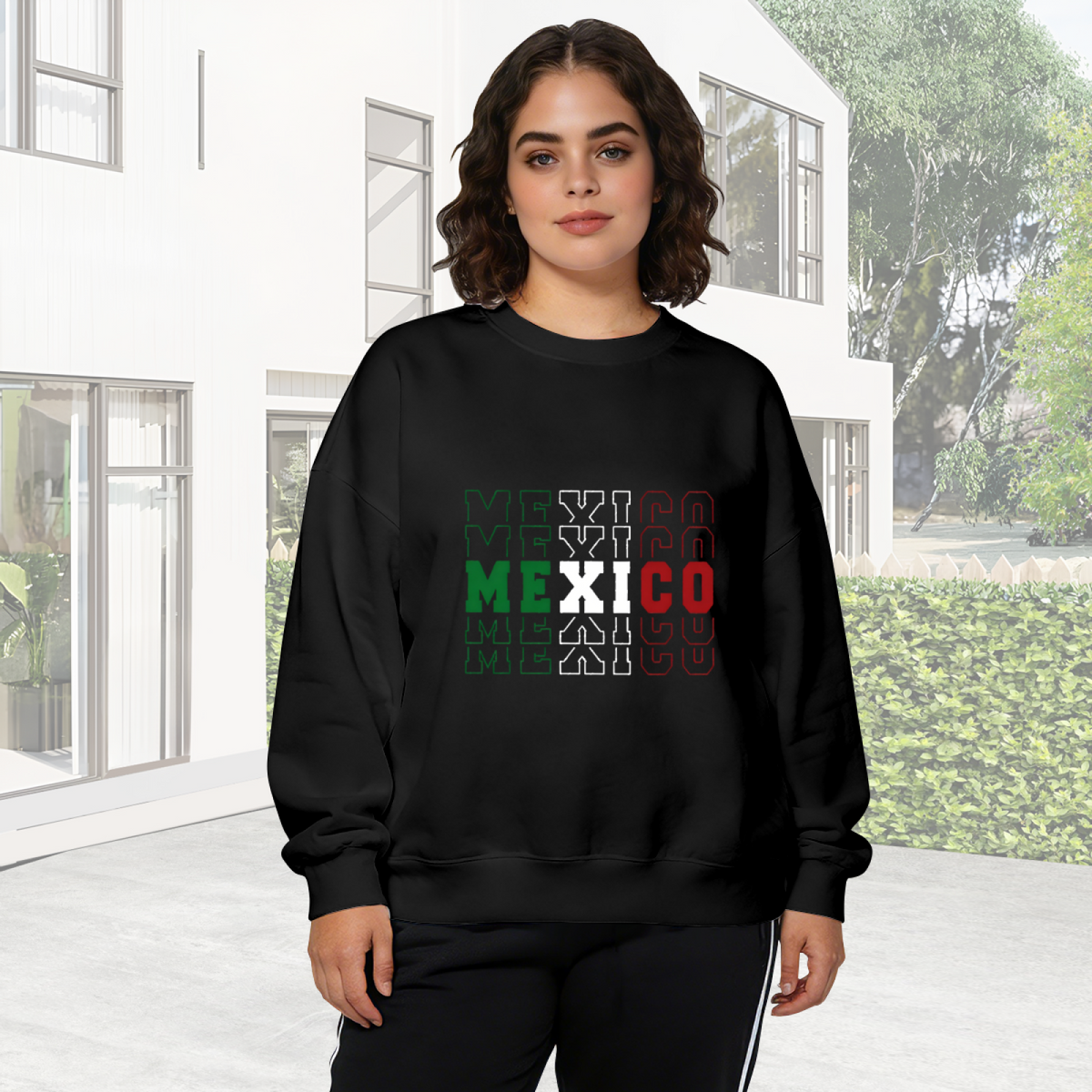 Layered Mexico Flag Color Text Crewneck Sweatshirt