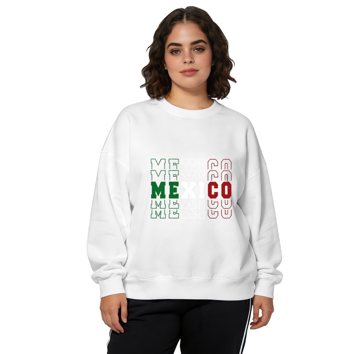 Layered Mexico Flag Color Text Crewneck Sweatshirt