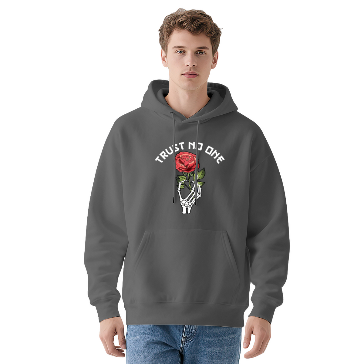 Trust No One Skeleton Hand Red Rose Edgy Street Hoodie