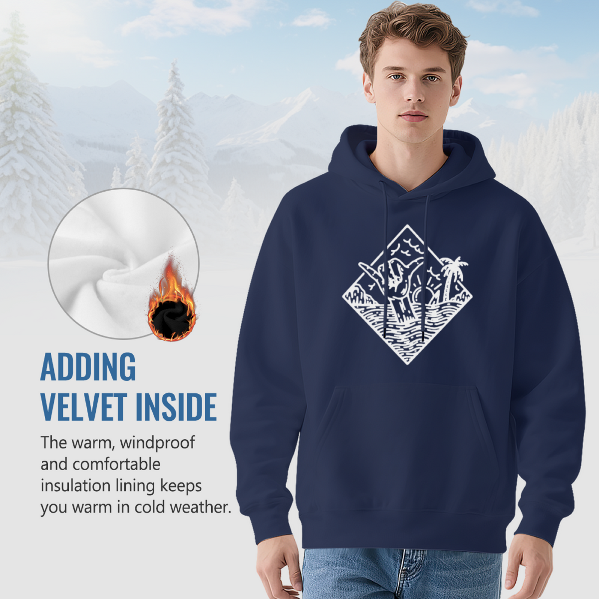 Ocean Whale Palm Tree Line Art Navy Hoodie, Unisex Relaxed Comfort Beach Outfit