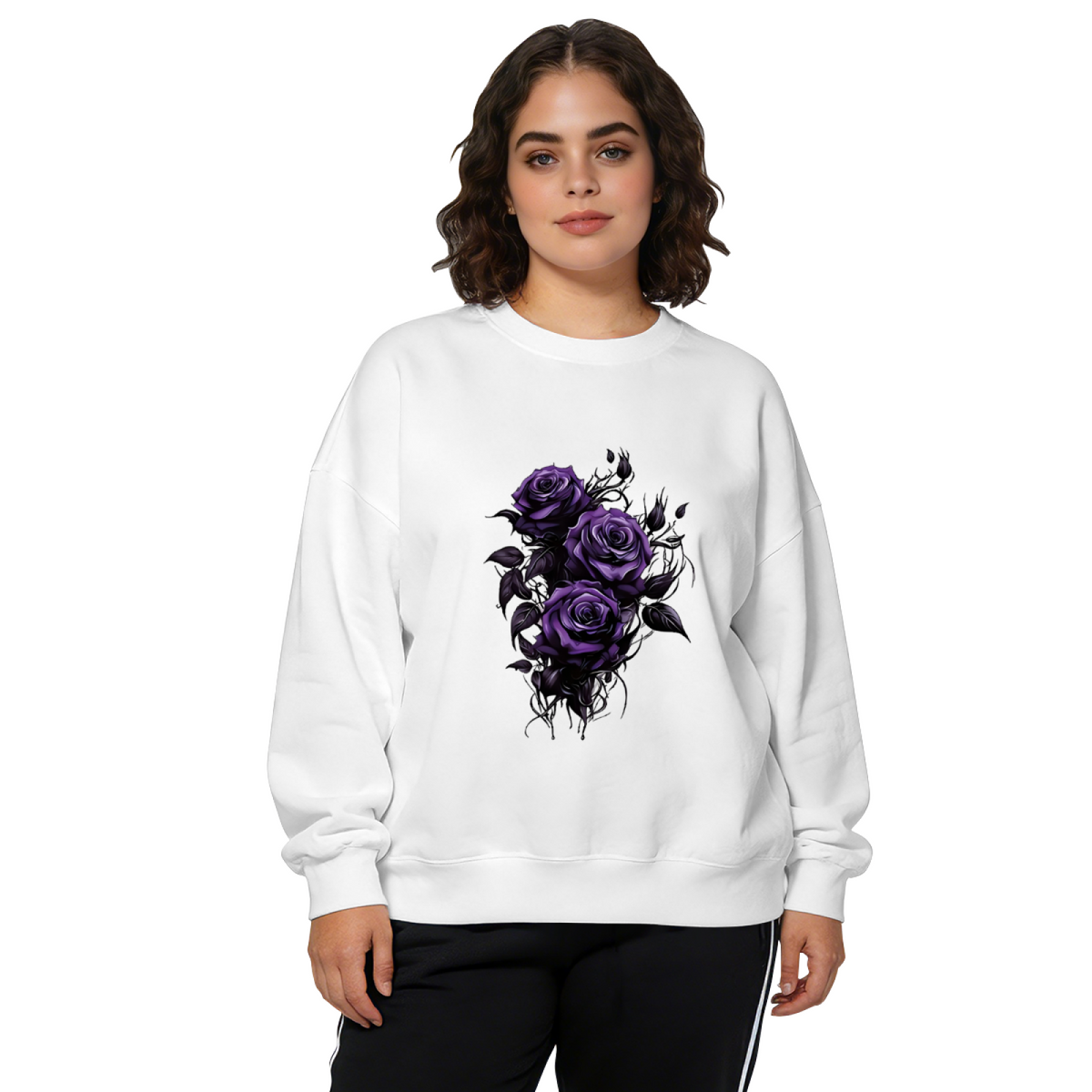 Gothic Deep Purple Thorn Rose Print Crewneck Sweatshirt