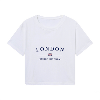 Classic London UK Flag White Cropped T-Shirt ¨C Preppy City Vacation Top