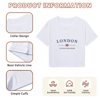Classic London UK Flag White Cropped T-Shirt ¨C Preppy City Vacation Top