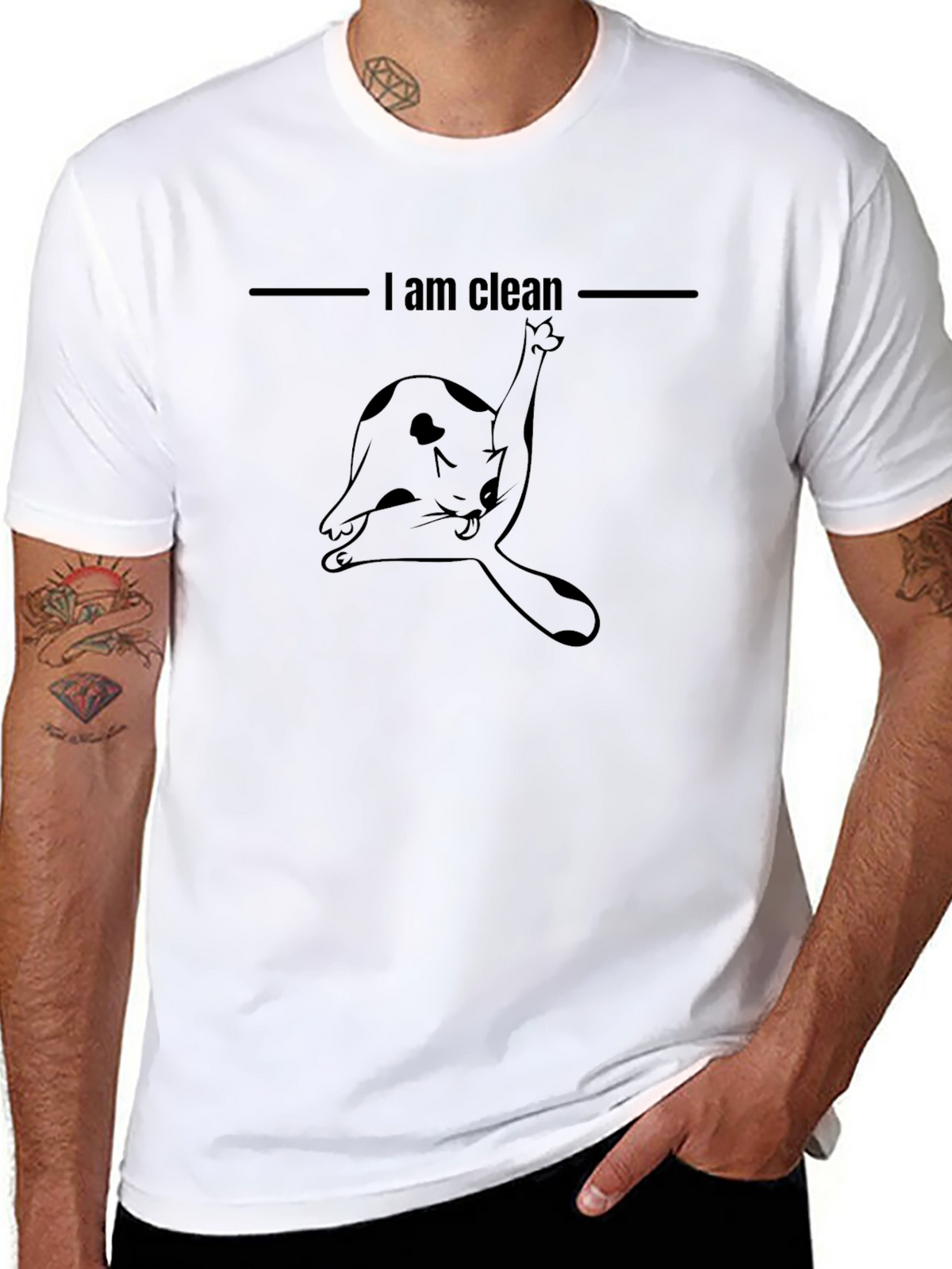 Funny Cat Licking Black T-Shirt - I am Clean