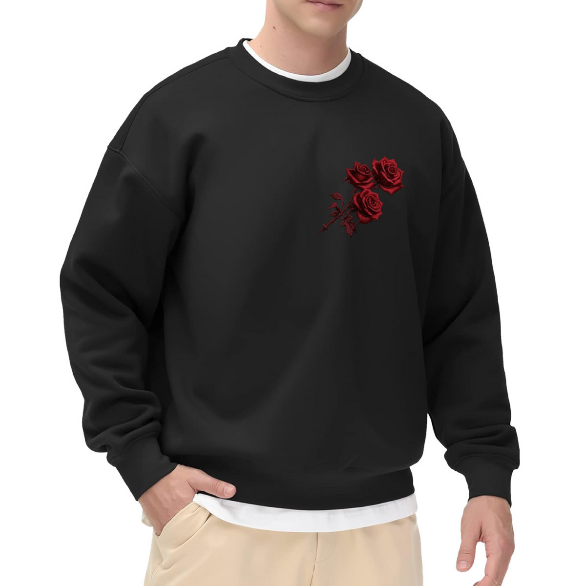 Mini Red Rose Branch Chest Print Crewneck Sweatshirt