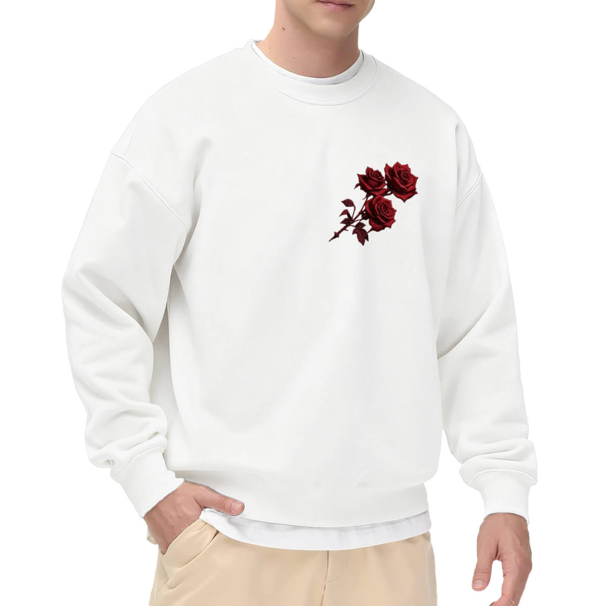 Mini Red Rose Branch Chest Print Crewneck Sweatshirt