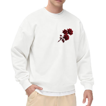 Mini Red Rose Branch Chest Print Crewneck Sweatshirt