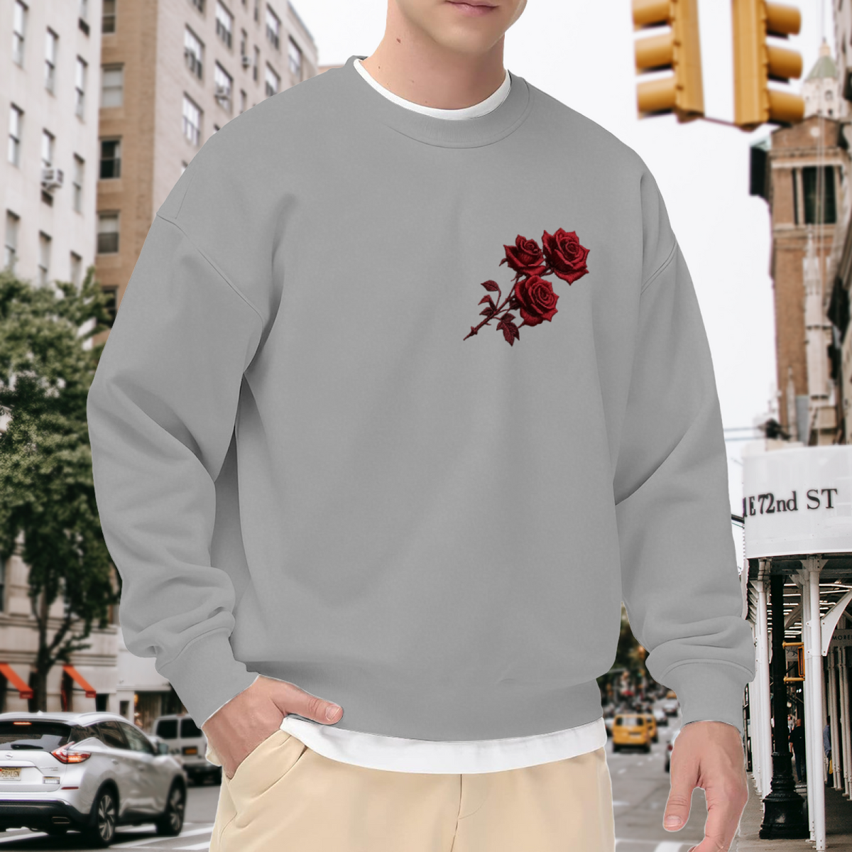 Mini Red Rose Branch Chest Print Crewneck Sweatshirt