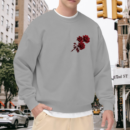 Mini Red Rose Branch Chest Print Crewneck Sweatshirt