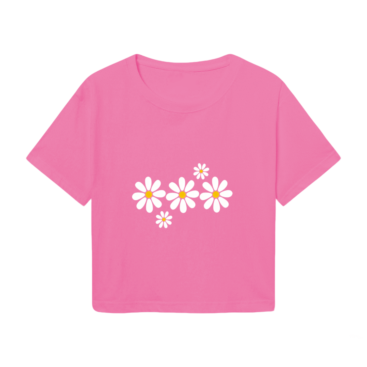 Soft White Daisy Floral Hot Pink Crop Top ¨C Cottagecore Spring Girly Short T-Shirt