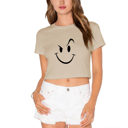 Mischievous Wink Smiley Lime Green Crop Top ¨C Funny Sly Face Graphic Tee