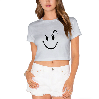 Mischievous Wink Smiley Lime Green Crop Top ¨C Funny Sly Face Graphic Tee