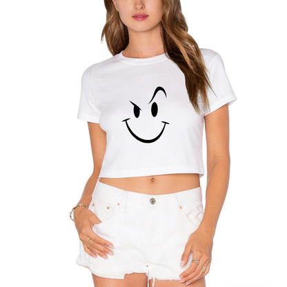 Mischievous Wink Smiley Lime Green Crop Top ¨C Funny Sly Face Graphic Tee