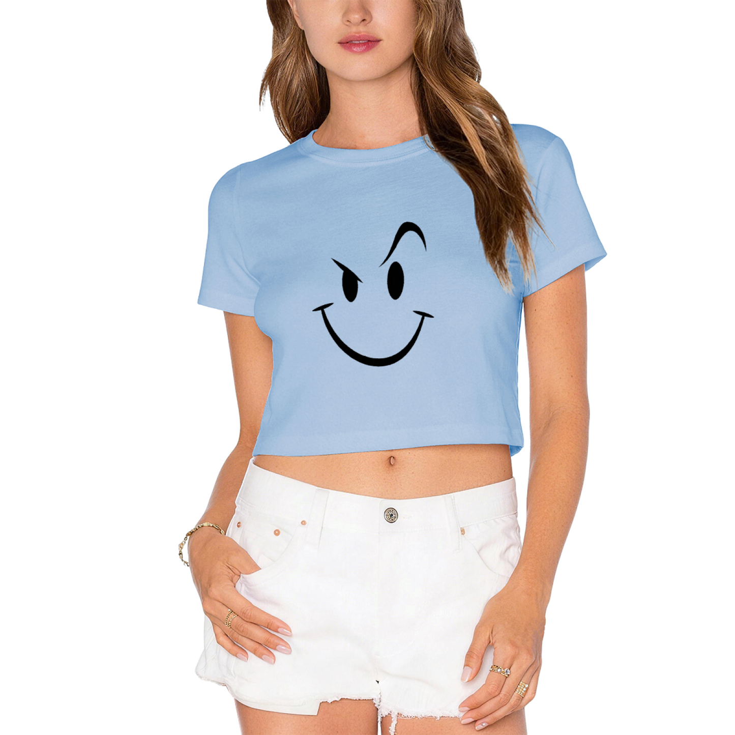 Mischievous Wink Smiley Lime Green Crop Top ¨C Funny Sly Face Graphic Tee