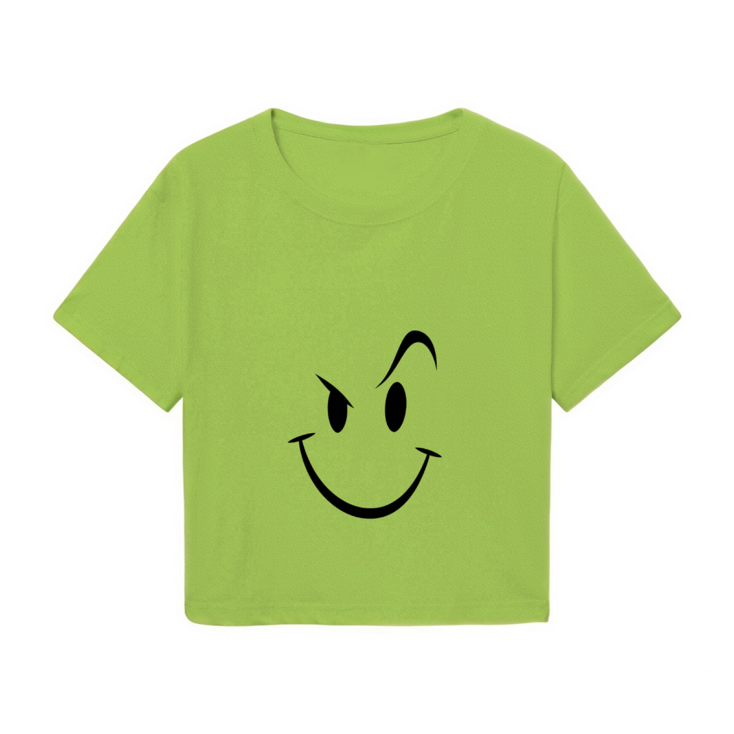 Mischievous Wink Smiley Lime Green Crop Top ¨C Funny Sly Face Graphic Tee