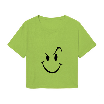Mischievous Wink Smiley Lime Green Crop Top ¨C Funny Sly Face Graphic Tee