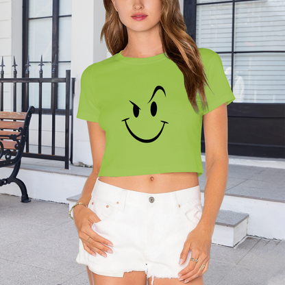 Mischievous Wink Smiley Lime Green Crop Top ¨C Funny Sly Face Graphic Tee