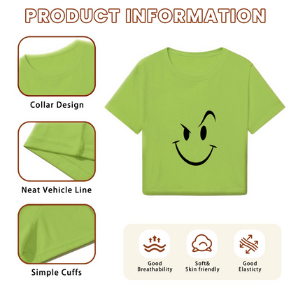 Mischievous Wink Smiley Lime Green Crop Top ¨C Funny Sly Face Graphic Tee