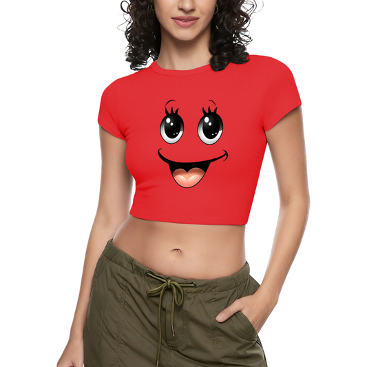 Cute Big Eyes Smiley Face Bright Red Cropped T-Shirt