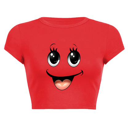 Cute Big Eyes Smiley Face Bright Red Cropped T-Shirt