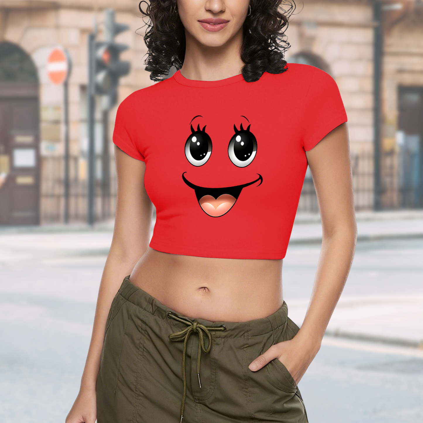 Cute Big Eyes Smiley Face Bright Red Cropped T-Shirt