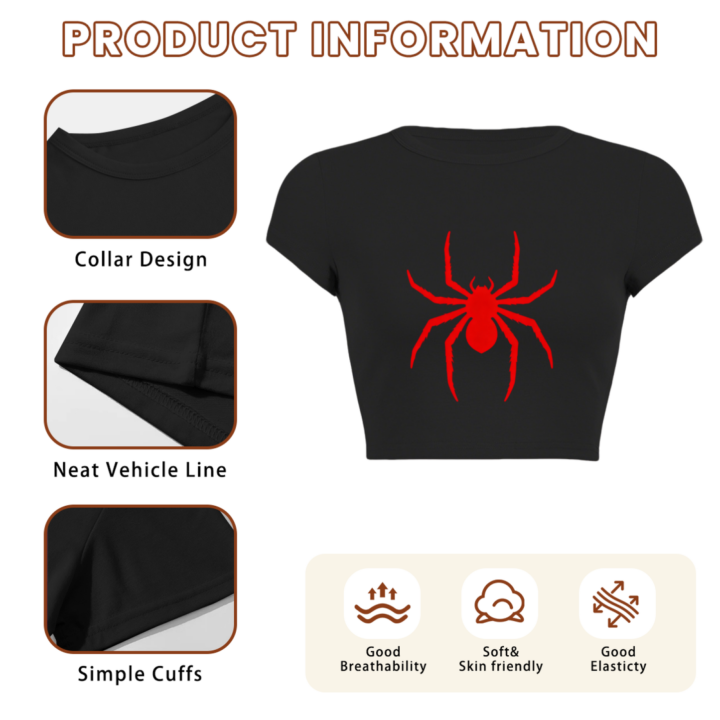 Red Spider Gothic Punk Black Crop Top ¨C Dark Aesthetic Slim Baby Tee