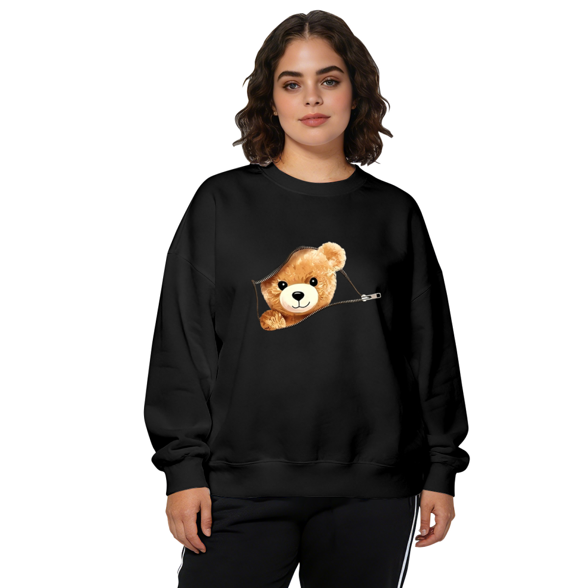 Zipper Pocket Teddy Bear Fun Graphic Crewneck Sweatshirt