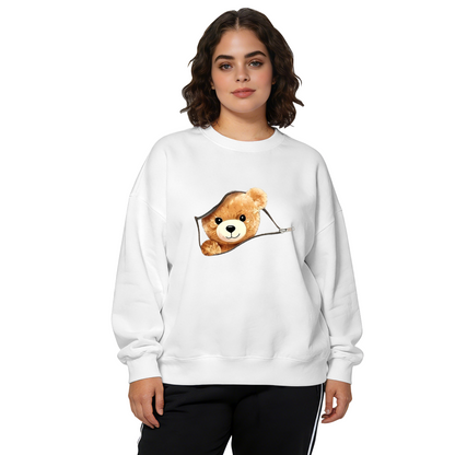 Zipper Pocket Teddy Bear Fun Graphic Crewneck Sweatshirt