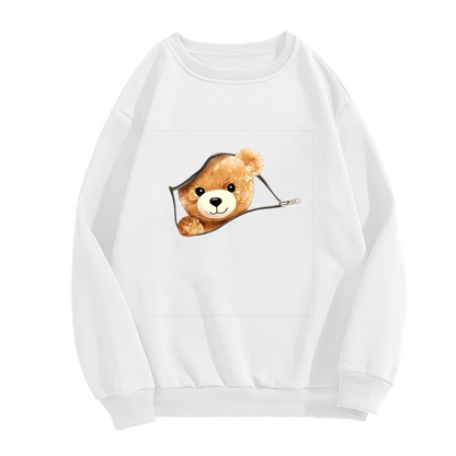 Zipper Pocket Teddy Bear Fun Graphic Crewneck Sweatshirt