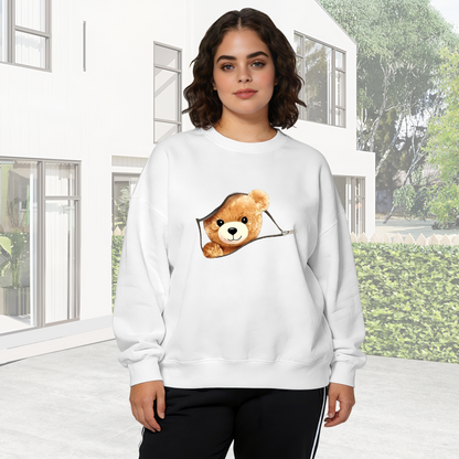 Zipper Pocket Teddy Bear Fun Graphic Crewneck Sweatshirt