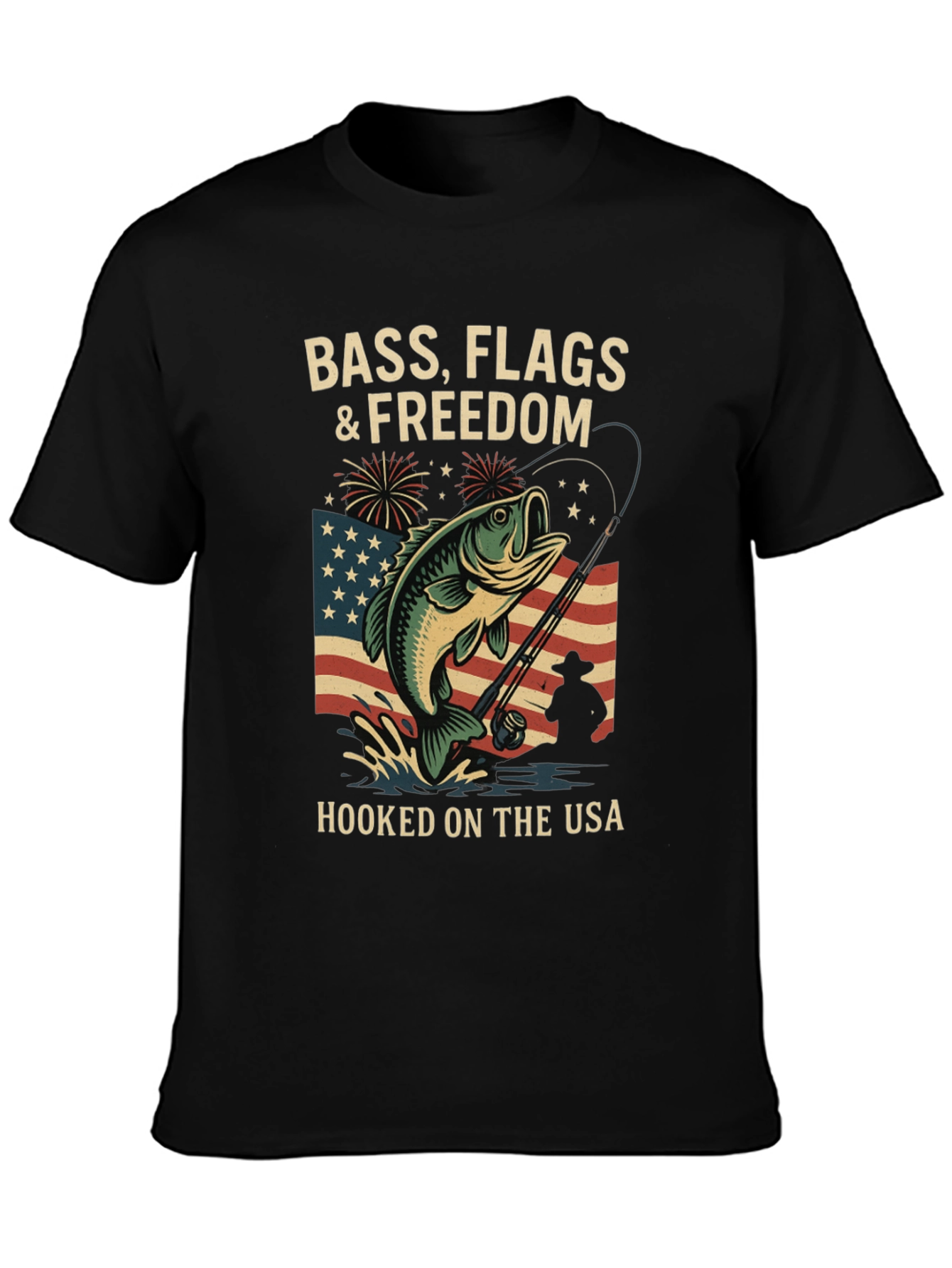 Bass Flags & Freedom USA Fishing T-Shirt