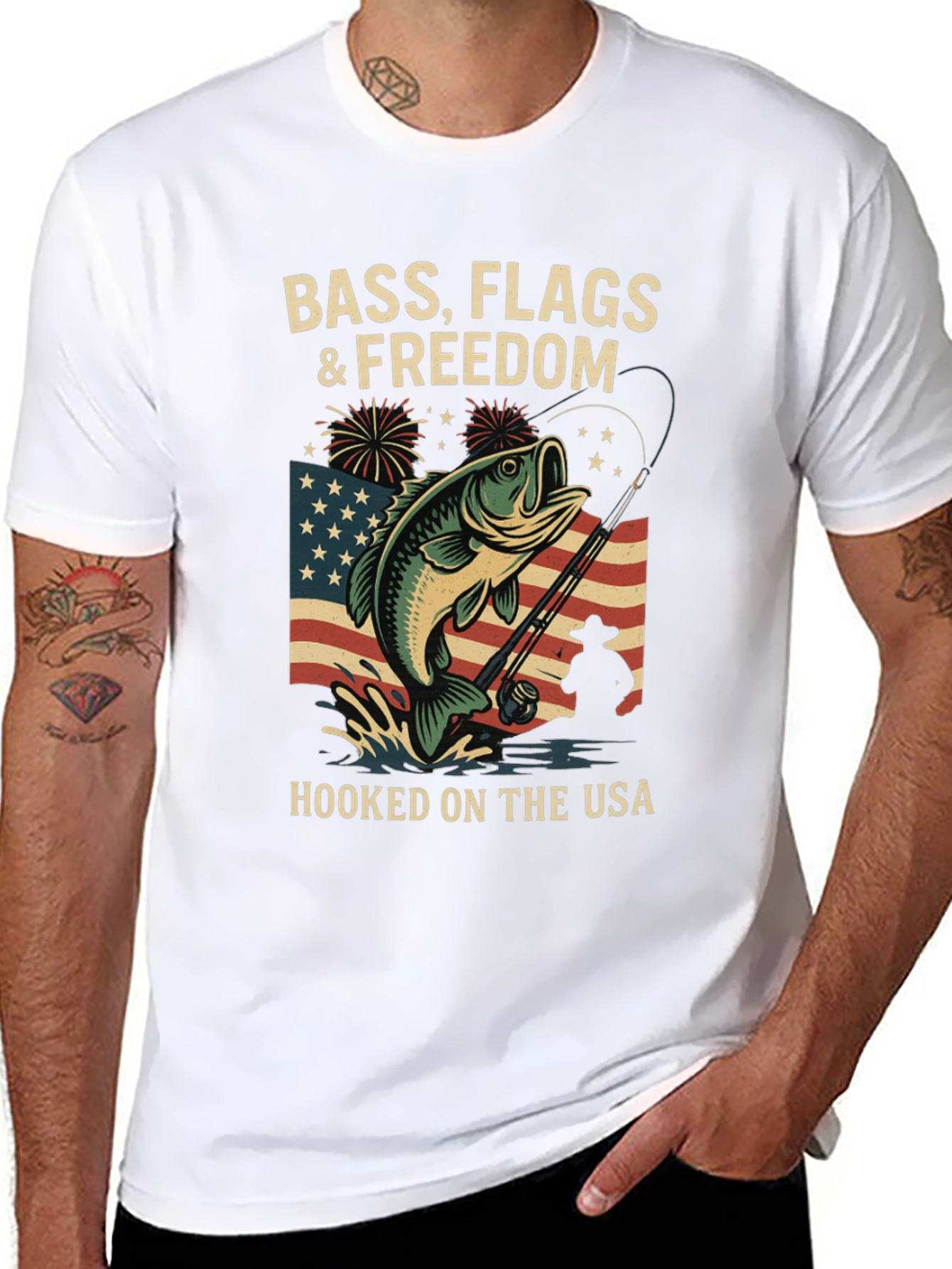 Bass Flags & Freedom USA Fishing T-Shirt