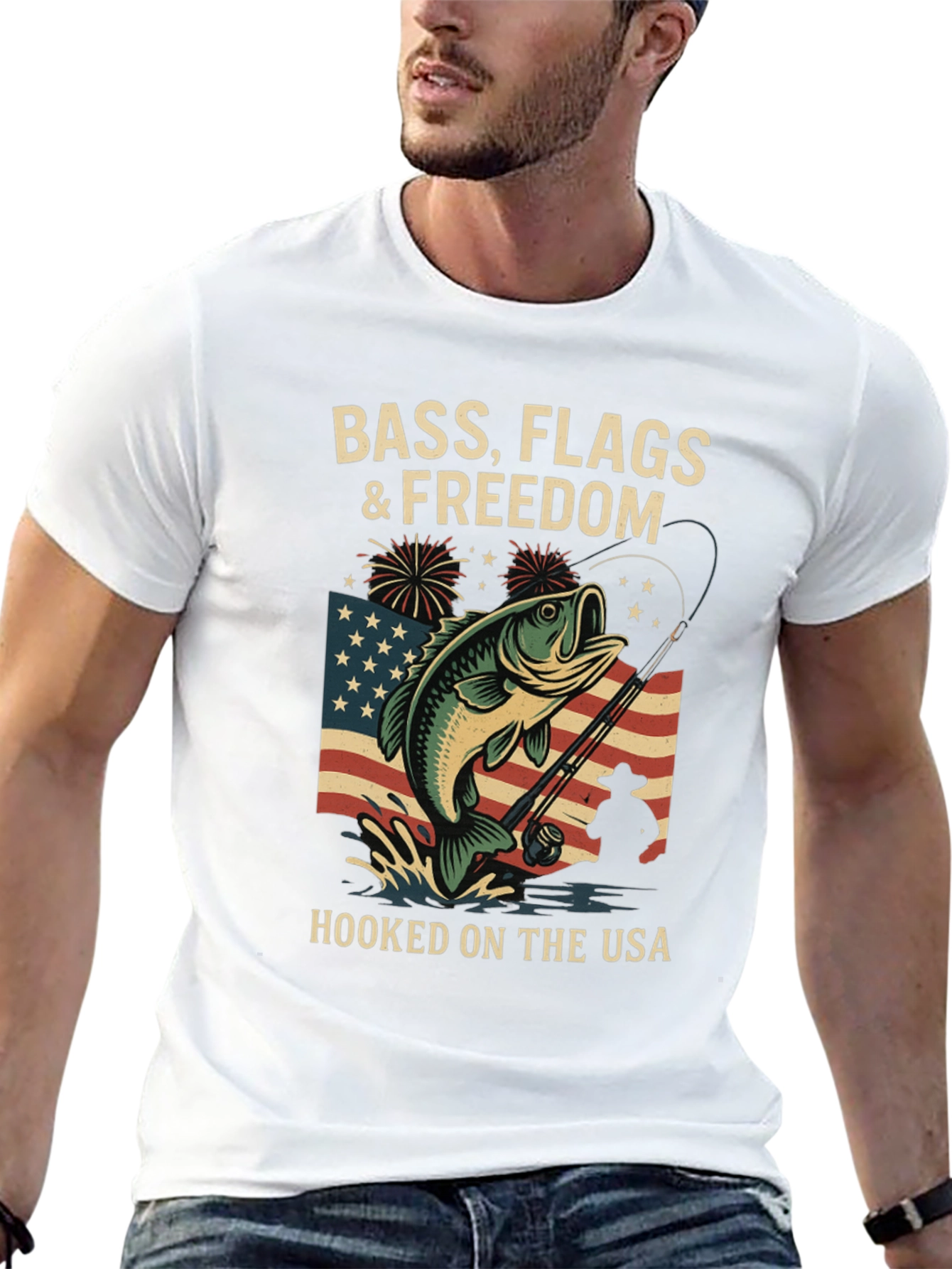 Bass Flags & Freedom USA Fishing T-Shirt