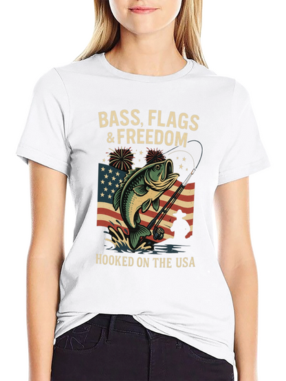 Bass Flags & Freedom USA Fishing T-Shirt