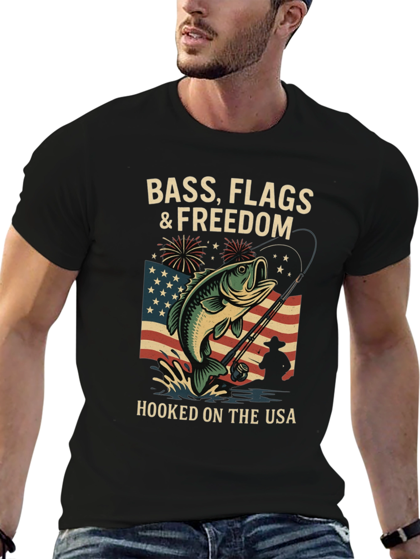 Bass Flags & Freedom USA Fishing T-Shirt