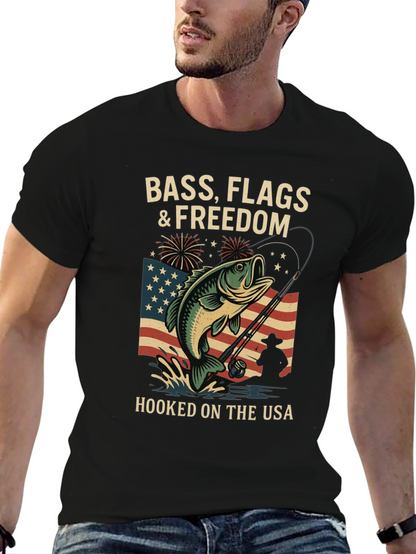 Bass Flags & Freedom USA Fishing T-Shirt