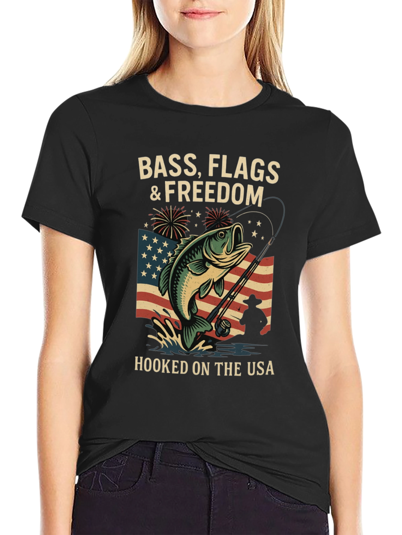 Bass Flags & Freedom USA Fishing T-Shirt