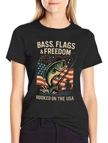 Bass Flags & Freedom USA Fishing T-Shirt