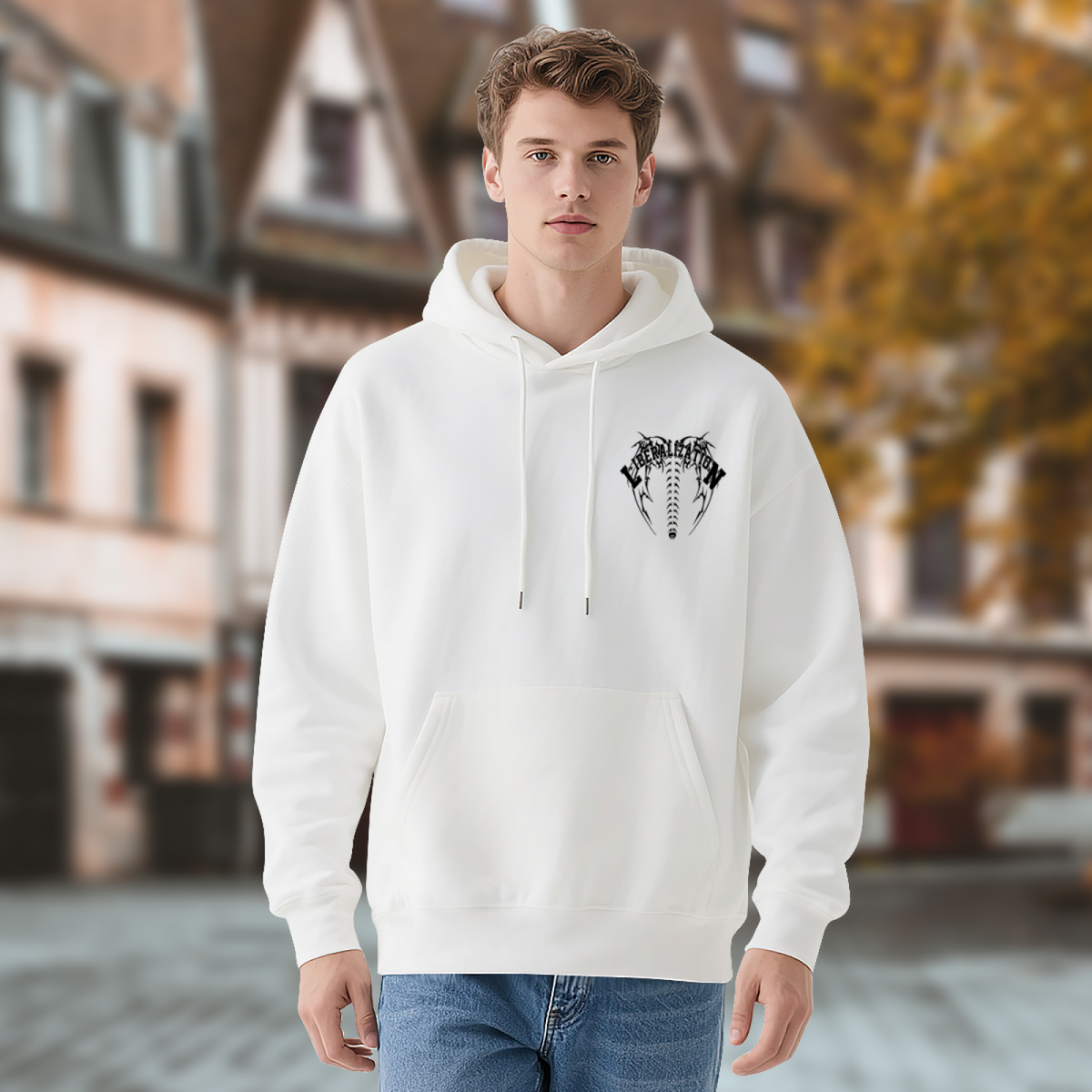 Death?Metal Style Chest Print Trendy White Hoodie
