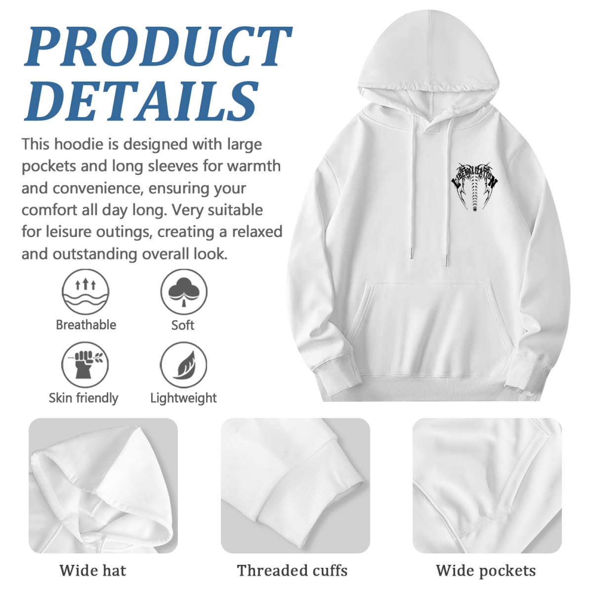 Death?Metal Style Chest Print Trendy White Hoodie