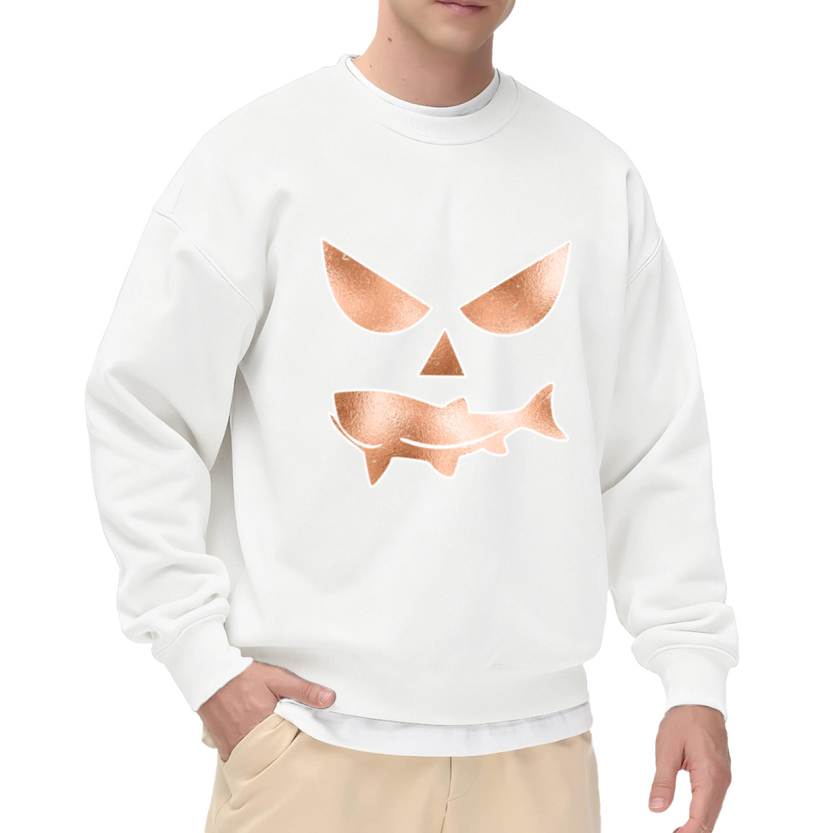 Pumpkin Shark Face Funny Halloween Spooky Crewneck Sweatshirt