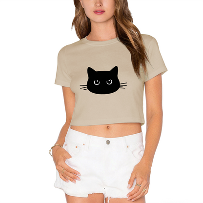 Cute Black Cat Face Lime Green Cropped  Tee ¨C Minimalist Kitty Graphic Top