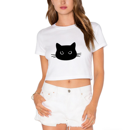 Cute Black Cat Face Lime Green Cropped  Tee ¨C Minimalist Kitty Graphic Top