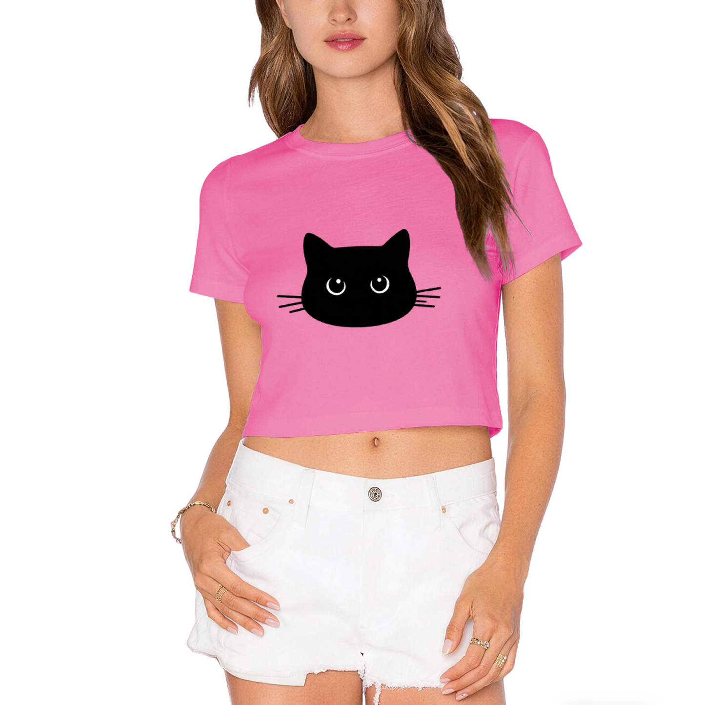 Cute Black Cat Face Lime Green Cropped  Tee ¨C Minimalist Kitty Graphic Top